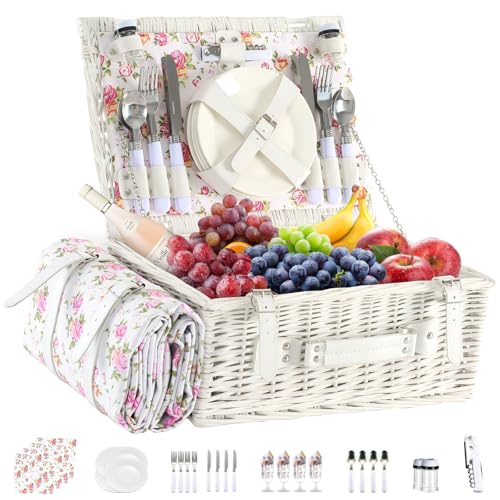 Picnic Basket Set for 4 with Waterproof Blanket Mat Insulation Bag Wicker Pink White Floral Classic Fresh Gift for Christmas Thanksgiving Wedding Birthday Camp Outdoor Beach Travel - color: White Floral