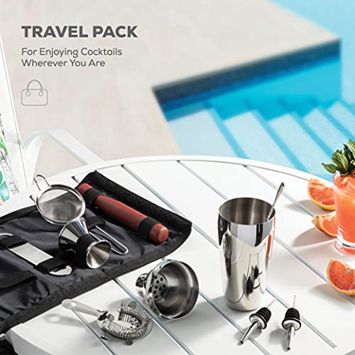 FineDine 10-Piece Cocktail Shaker Set with Travel Bag - Stainless Steel Shaker Set Bartender Kit - Mixology Bartender Kit - Strainer, Muddler, Jigger, Bar Spoon, Bottle Opener, Pour Spouts - Bar Set - size: 10-Piece