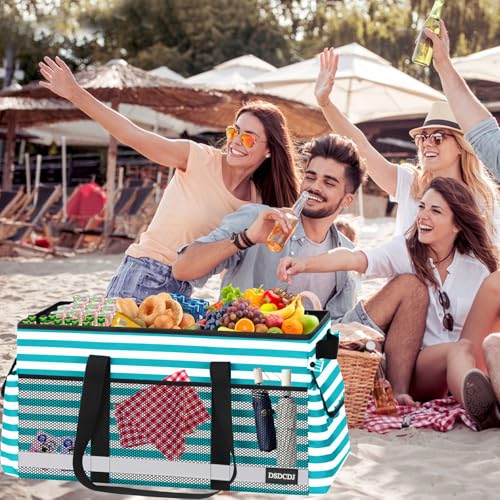 Extra Large Utility Tote Bag with Reflective Strip, Standing Reusable Grocery Bags with Hard Bottom, Collapsible Utility Tote with Handles for Shopping, Beach, Picnics, Car, Striped Green - color: Striped Green