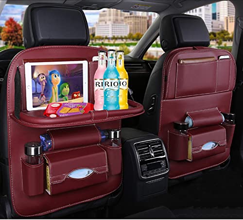 Car Back Seat Organizer with Foldable Table Tray, PU Leather Backseat Organizer for Kids Toddlers Travel, Car Kick Mats Seat Back Protector Storage Pocket with Touch Screen Tablet Holder - color: Wind Red, size: 1 Pack