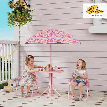 Qaba Kids Picnic Table and Chair Set, Outdoor Activity Table with Foldable Chairs, Removable Umbrella, Butterfly Pattern Toddler Patio Furniture for Backyard, Garden, Pink