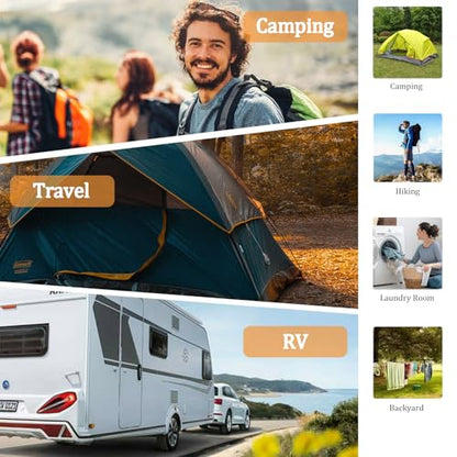 32Ft Portable Travel Clothesline Caudblor Adjustable Camping Clothes Laundry Drying Rope for Hotel Trip, Cruise, Outdoor/Indoor with 10 Windproof Clips, 10 Clothespins, 1 Storage Bag（Blue）