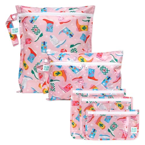 Bumkins - Waterproof Wet Bag, Wet/Dry Clutch & Clear Travel Bags - For Beach, Baby, Travel, Cloth Diapers, Pump Parts, Pool, Gym, Toiletries - Reusable & Easy to Clean - Cowgirl Boots - 5 Pack - color: B3 Cowgirl Boots 5pc
