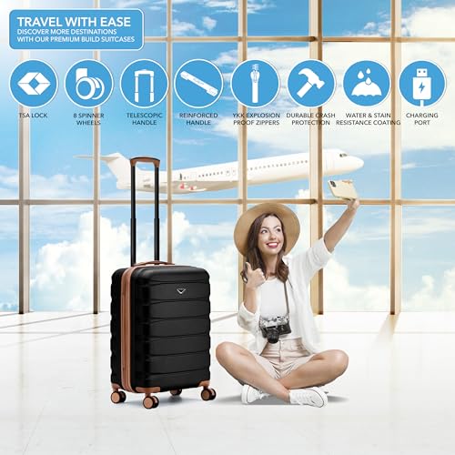 Flight Knight 24x16x10 Expandable Carry On Suitcase Hardside TSA Lock USB C Lightweight Luggage Silent Double Spinner Wheels Maximum Overhead Carry-On Bag For Virgin South West Approved Black/Tan - color: Black/Tan, size: 24x16x10"