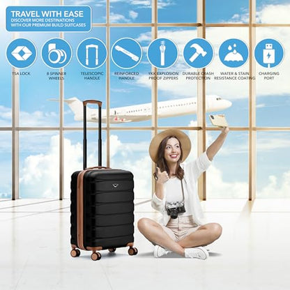 Flight Knight 24x16x10 Expandable Carry On Suitcase Hardside TSA Lock USB C Lightweight Luggage Silent Double Spinner Wheels Maximum Overhead Carry-On Bag For Virgin South West Approved Black/Tan - color: Black/Tan, size: 24x16x10"