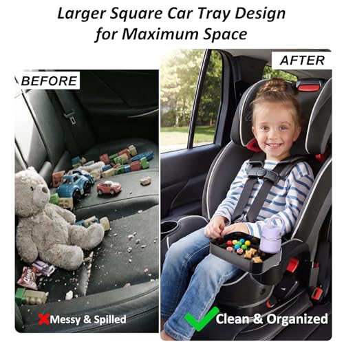 Car Seat Snack Tray for Kids, Mess-Free Square Travel Tray Cup Holder Snack Tray, Durable Car Food Tray for Toddlers, Fit Kids Travel Road Trip Essentials (1, Black) - color: black