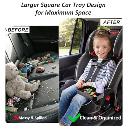 Car Seat Snack Tray for Kids, Mess-Free Square Travel Tray Cup Holder Snack Tray, Durable Car Food Tray for Toddlers, Fit Kids Travel Road Trip Essentials (1, Black) - color: black