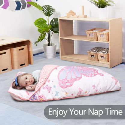 Primlect Thickened Toddler Nap Mat with Removable Pillow and Minky Blanket, Extra Large 55''x35'' Sleeping Bag, Washable, Roll up, Perfect for Daycare, Preschool, Kindergarten, Girls Butterfly - color: Pink Butterfly