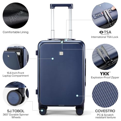 Hanke 20 Inch Carry On Luggage with Front Pocket Aluminum Frame, Hard Shell Suitcases with Wheels, Rolling Luggage, Suitcase with Lock, Travel Luggage for Weekender, Dark Blue - color: Dark Blue, size: 20 Inch Middle No Opening