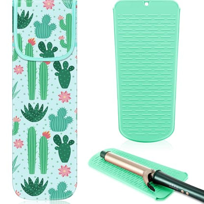 Shappy 2 Pcs Heat Resistant Hair Tools Bag Curling Iron Travel Case Cover Neoprene Flat Iron Holder Travel Case and Silicone Mat Pouch for Hot Hair Tools Storage Organizer(Cactus Style) - style: Cactus Style
