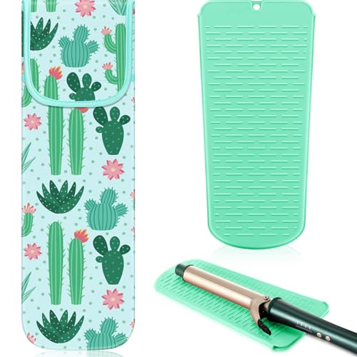 Shappy 2 Pcs Heat Resistant Hair Tools Bag Curling Iron Travel Case Cover Neoprene Flat Iron Holder Travel Case and Silicone Mat Pouch for Hot Hair Tools Storage Organizer(Cactus Style) - style: Cactus Style