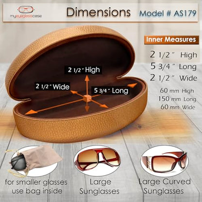 MyEyeglassCase® Large Hard Sunglasses Case | fits Large curved Sunglasses, with microfiber bag and cleaning cloth - color: Camel Bronze