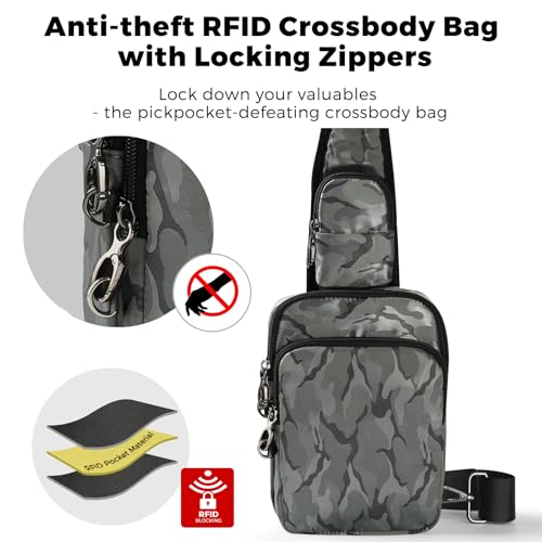VADOO Sling Bag, Crossbody Bag with Zipper Lock, RFID Blocking & Water Resistant for Men and Women - color: Camouflage Grey