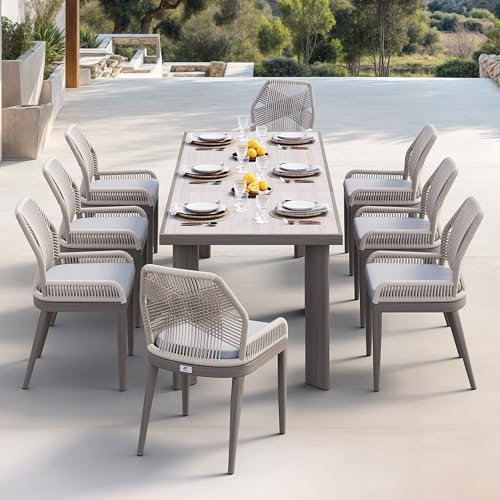 PURPLE LEAF 9 Pieces Patio Dining Set Aluminum Rectangular Table and Wicker Chairs with Cushions for Kitchen Porch Garden Modern Outdoor Furniture Sets, Light Grey - color: Light Grey, size: 9 PCS, style: Rectangular