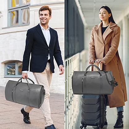 Leather Garment Bag for Travel, Modoker Carry On Suit Carrier Travel Bag with Shoulder Strap - Ideal for Business Trips and Weekend Getaways - The Garment Duffel Bag for Traveling Men Women - color: C-Grey