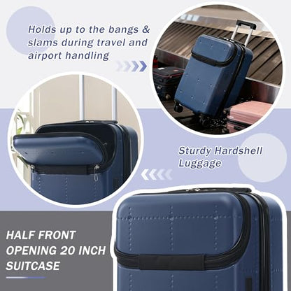 Merax Luggage Sets 5 Piece, Hardside 20" Half-opening Carry On Suitcase Set with USB Port,Lightweight Travel 24" 28" Luggage with Bags TSA Locks Double Spinner Wheels,Blue - color: Blue, size: 3 piece(20front open+24+28+bags)