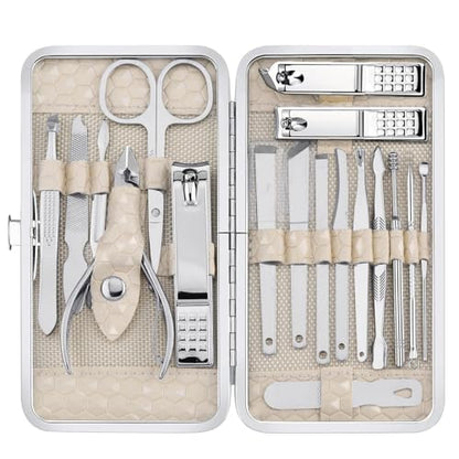 Yougai Nail Clippers Set for Men and Womens Gift Manicure Set 18 Pieces Stainless Steel Manicure Kit,Nail Care Tools with Luxurious Travel Case - color: Beige