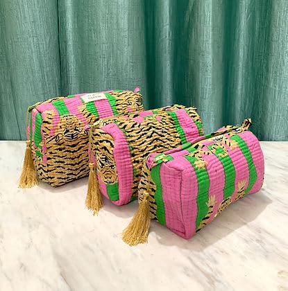YILLE Set of 3 Pieces Block Printed Travel Organizer Kit Storage Bag for Women Makeup Bag Travel Cosmetic Bag (Pink Green Fat Tiger) - color: Pink Green Fat Tiger
