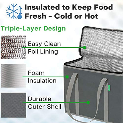 Creative Green Life XL Insulated Reusable Grocery Bags (2-Pack) - Premium Quality Cooler Bags with Hard Bottom Insert, Stands Upright, Washable - color: Grey