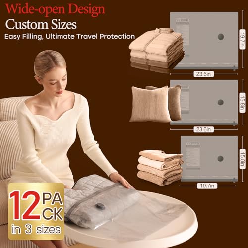 Vacbird 12 Pack Vacuum Bags for Travel with Rechargeable air Pump, Carry-on Size Vacuum Seal Bags for Luggage and Suitcase Compression, Space Saver for Clothes and Clothing Travel - size: 12 Combo Travel Size