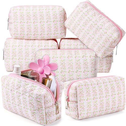Paterr 6 Pcs Quilted Makeup Bag Bulk Floral Bow Cotton Cosmetic Bag Women Girls Gifts for Bridesmaids Wedding Birthday Coquette Aesthetic Cottagecore Travel Toiletry Pouch(Floral,Pink) - color: Pink, style: Floral