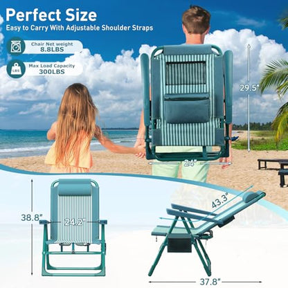 Suteck Tall Beach Chair 2 Pack, Backpack Beach Chair for Adults with 6-Position, Cooler Bag, Cup Holders, Folding Beach Camping Chairs for Camping, Outdoor, Sand, Travel Use - color: Green Small Striped