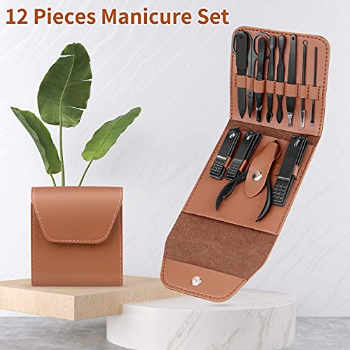Teamkio 12pcs Manicure Set Pedicure Nail Clippers Set Travel Hygiene Kit Stainless Steel Professional Cutter Care Set Scissor Tweezers Knife Ear Pick Tools Grooming Kits with Leather Case - color: Brown-12pcs