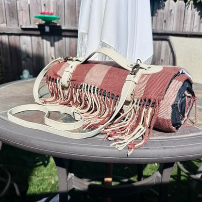 Picnic Blanket Extra Large Waterproof with Strap 59"x79" - Machine Washable Tassels Faux Wool Cashmere for Park, Grass, Camping, Hiking, Concerts (Latte with white shoulder strap, 59"X79") - color: Latte With White Shoulder Strap