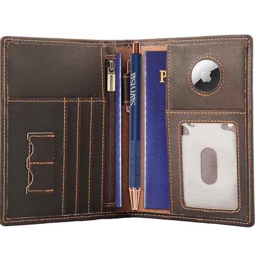 STAR VISTA Phoenix Leather Passport Holder, Cowhide Leather Travel Wallet - RFID Blocking, ID Window, Zipper Pocket, Pen & Notebook Included, AirTag Holder, Dark Chocolate - color: Dark Chocolate Cowhide AirTag