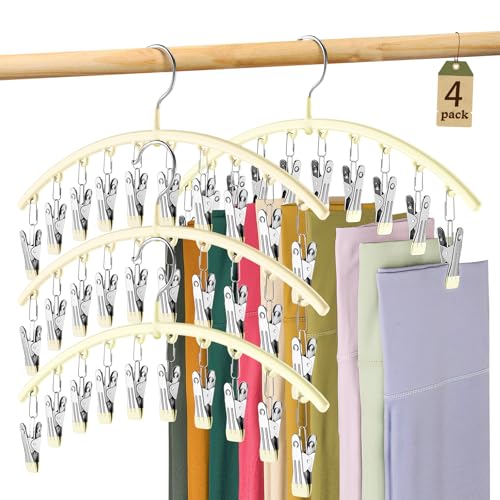 Volnamal Legging Organizer for Closet, Metal Yoga Pants Hangers 4 Pack w/10 Clips Holds 40 Leggings, Space Saving Hanging Closet Organizer w/Rubber Coated Closet Organizers and Storage, Ivory - color: Ivory, size: 4 Pack