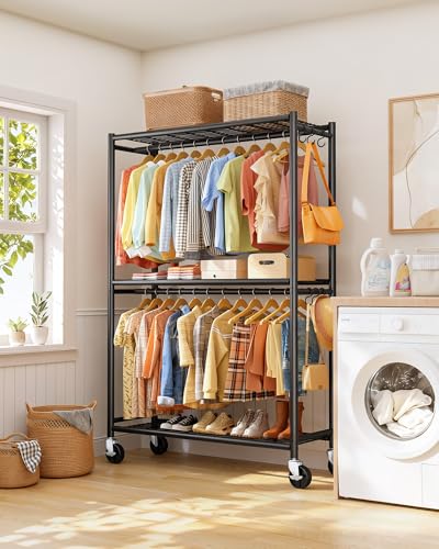 Sakugi Clothes Rack - Double Hanging Rod Clothing Rack with Wheels & Leveling Feet, Large Capacity Wardrobe Closet with Shelves for Bedroom, Laundry Room, Entryway, 45.2" x 12.6" x 80.7", Black - color: Black, size: XX-Large