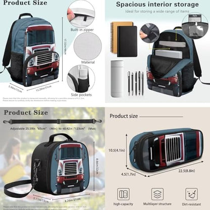 3 Pcs School Backpack for Kids Girls,Red Truck Bookbag Elementary School Daypack with Insulated Lunch Box Pen Case Set,for Teen Children Students,Back to School Supplies - color: Red Truck
