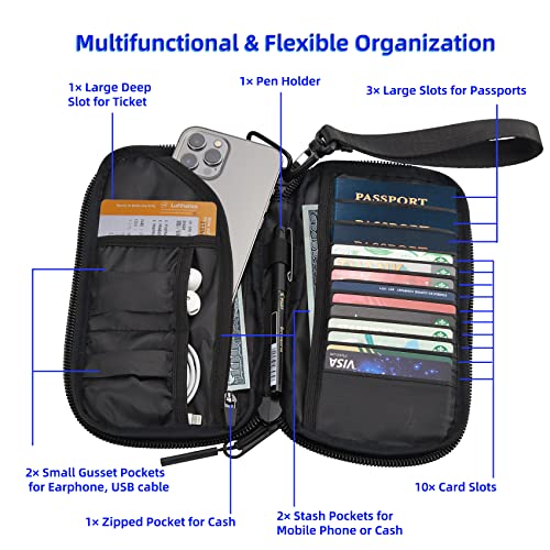 Travel Wallet Lightweight Zipped Document Organizer Bag Family Passport Holder with Detachable Wrist Strap for Women and Men