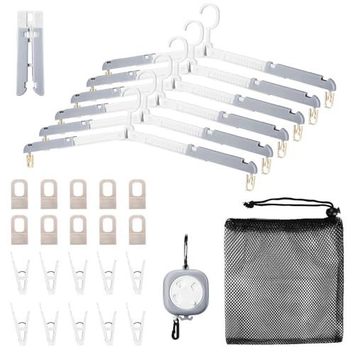 6 Pack Fodable Travel Hangers with Clips & Adjustable Clothesline, Portable Collapsible Hangers with Storage Bag for Suitcase, Hotel, RV, Cruise Essentials Set (Grey) - color: Gray