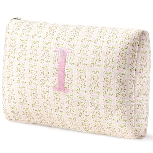 HBselect Initial Quilted Makeup Bag, Pink Cosmetic Travel Toiletry Bag, Flowers Coquette Zipper Make Up Pouch Organizer Teen Girl Gift Trendy Stuff I - color: 1Pc Medium Pinkflower, style: I