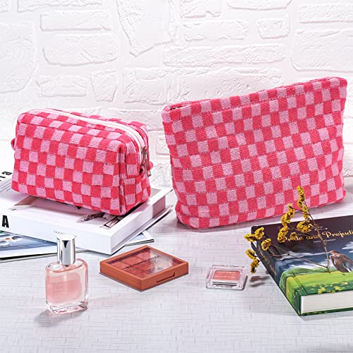 ZLFSRQ 2Pcs Makeup Bag Checkered Cosmetic Bag Set Travel Toiletry Bags for Purse Large Small Makeup Pouch for Women Cute Preppy Pencil Pouch Case Pink Zipper Skincare Bags - color: B-Checkered 2Pcs Mix Pink