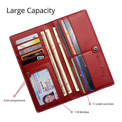 Bveyzi Ultra Slim Thin Leather RFID Blocking Credit Card Holder Bifold Clutch Wallets for Women - color: Wine Red
