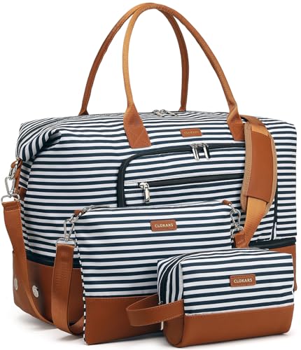 Weekender Bags for Women Travel, Under Seat Carry On Bags for Airplanes Overnight Bag with Shoe Compartment Luggage Sleeve, Foldie Travel Tote Bag Hospital Bag, Travel Gifts, Blue Strip - color: Blue Strip, size: Medium