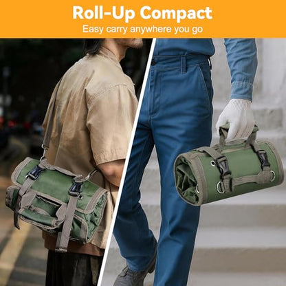 Roll Up Tool Bag, Heavy Duty Roll Up Tool Bag Organizer, Motorcycle Tool Roll Bag Organizer, Foldable Portable Tool Bags, Men's Gift Suitable for Mechanics Welding Electricians (Green)