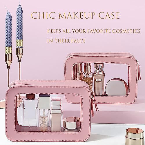 Clear and Waterproof Makeup Bag Portable Travel Cosmetic Case Organizer for Women Toiletry Pouch with Transparent Vinyl Windows & Zippers (Pink) - color: Pink