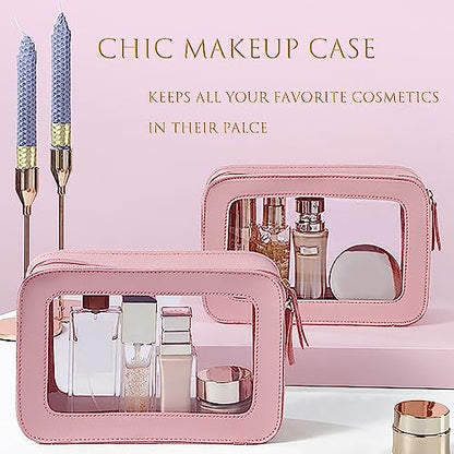 Clear and Waterproof Makeup Bag Portable Travel Cosmetic Case Organizer for Women Toiletry Pouch with Transparent Vinyl Windows & Zippers (Pink) - color: Pink