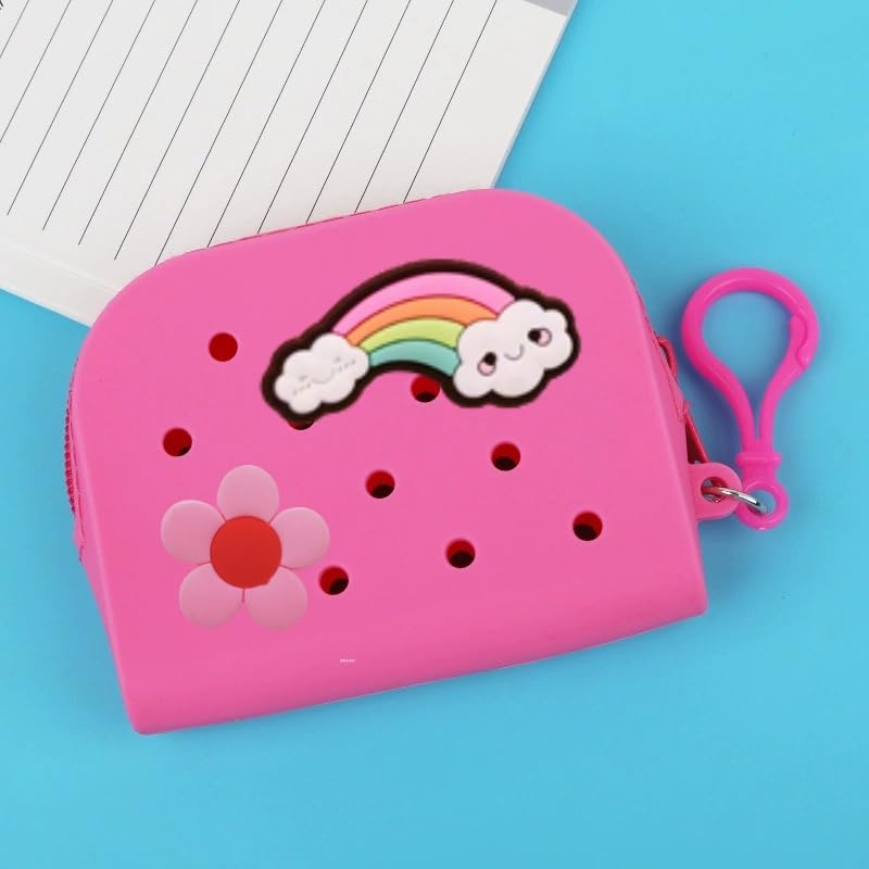 Soft Silicone Mini Coin Purse with Zipper and Cartoon Hole,with 15 pcs DIY Charms. Portable Keychain Pouch Organizer (Rose Pink) - color: Rose Pink
