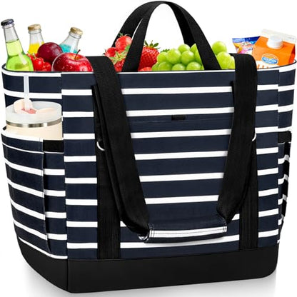 Cooler Bag Insulated, Soft Side Cooler, Reusable Grocery Bags with Zipper Closure, Thermal Leakproof Large Insulated Tote Bag for Hot/Cold Food for Grocery, Beach, Travel, Picnic - color: Black and White