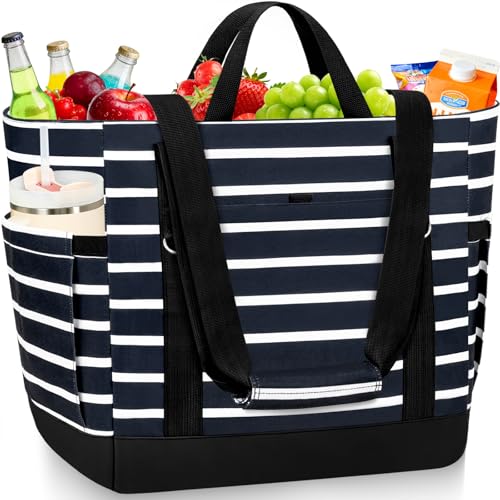 Cooler Bag Insulated, Soft Side Cooler, Reusable Grocery Bags with Zipper Closure, Thermal Leakproof Large Insulated Tote Bag for Hot/Cold Food for Grocery, Beach, Travel, Picnic - color: Black and White