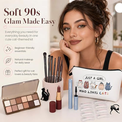 Basic Eye Makeup Kit for Women, 90s Neutral Eyeshadow, Brow Powder, Brow Stencils, Cat Eyeliner Guides, Taupe Matte Lipstick, Cat Lover Cosmetic Bag & etc. - Perfect Makeup Gift Set for Girls & Teens. - color: 10-Cat Lover