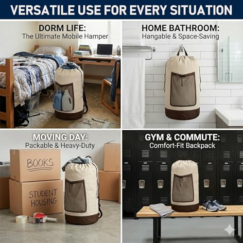 Canvans Laundry Bag Backpack, Large Travel Laundry Bag with Shoulder Straps, Drawstring Closure & Mesh Pocket, Clothes Hamper for Dorm, Travel, Laundromat (Khaki) - color: Khaki