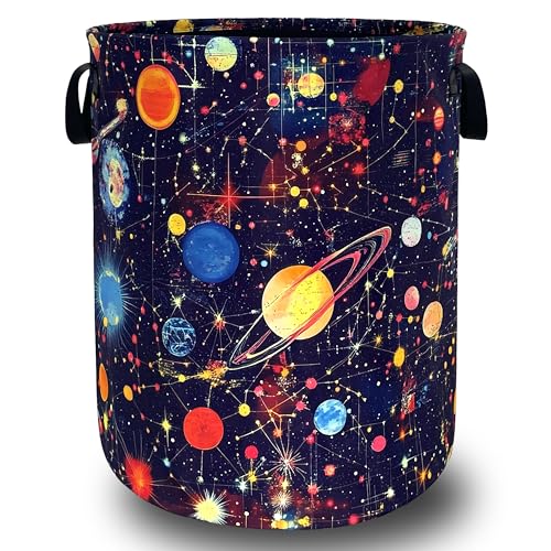 Colorful Planets Laundry Basket Oxford Cloth Starry Sky Galaxy Laundry Hamper With Handle Foldable Portable Clothes Storage Basket Funny Laundry Bag 18.9"x16.5" For Laundry Room/Bedroom/Bathrooms - color: Watercolor Starry Sky Galaxy Planets