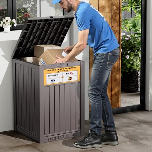 Outdoor Package Delivery Box with Lockable Secure and Sign, Resin Waterproof Outdoor Package Drop Container for Backyard, Garden, Patio & Lawn, Brown with Sign - color: 021 Brown