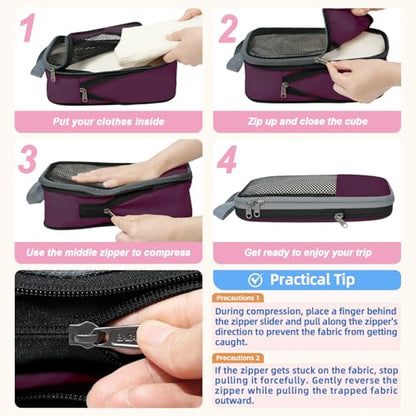 BAGAIL 4 Set/6 Set/8 Set Compression Packing Cubes Travel Accessories Expandable Packing Organizers (Half Mesh, 6-Burgundy) - color: 6-Burgundy, style: Half Mesh