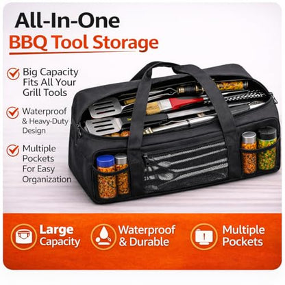 Vexillum Portable Grill Tool Storage Bag – Large BBQ Utensil Organizer for Grilling & Camping, Waterproof & Stain-Resistant Fabric with Pockets, Barbecue Accessories Case Container (22"x6.5"x7.2")
